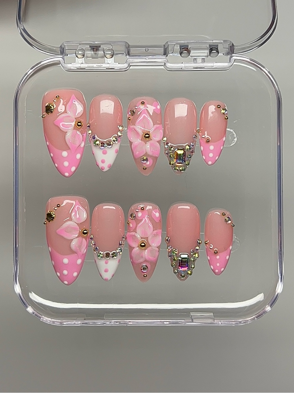 Handmade Pink Blossom 3D Flower Rhinestone Press-On Nails - Picture 5 of 5